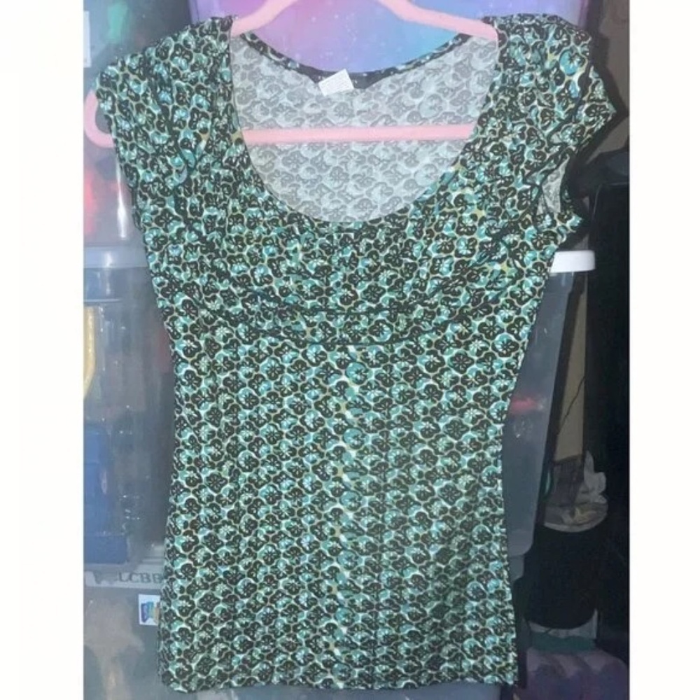 Mixxology LA Black Teal Cap Sleeve Ruffle Fitted Stretch Top Shirt- Size M NWOT
